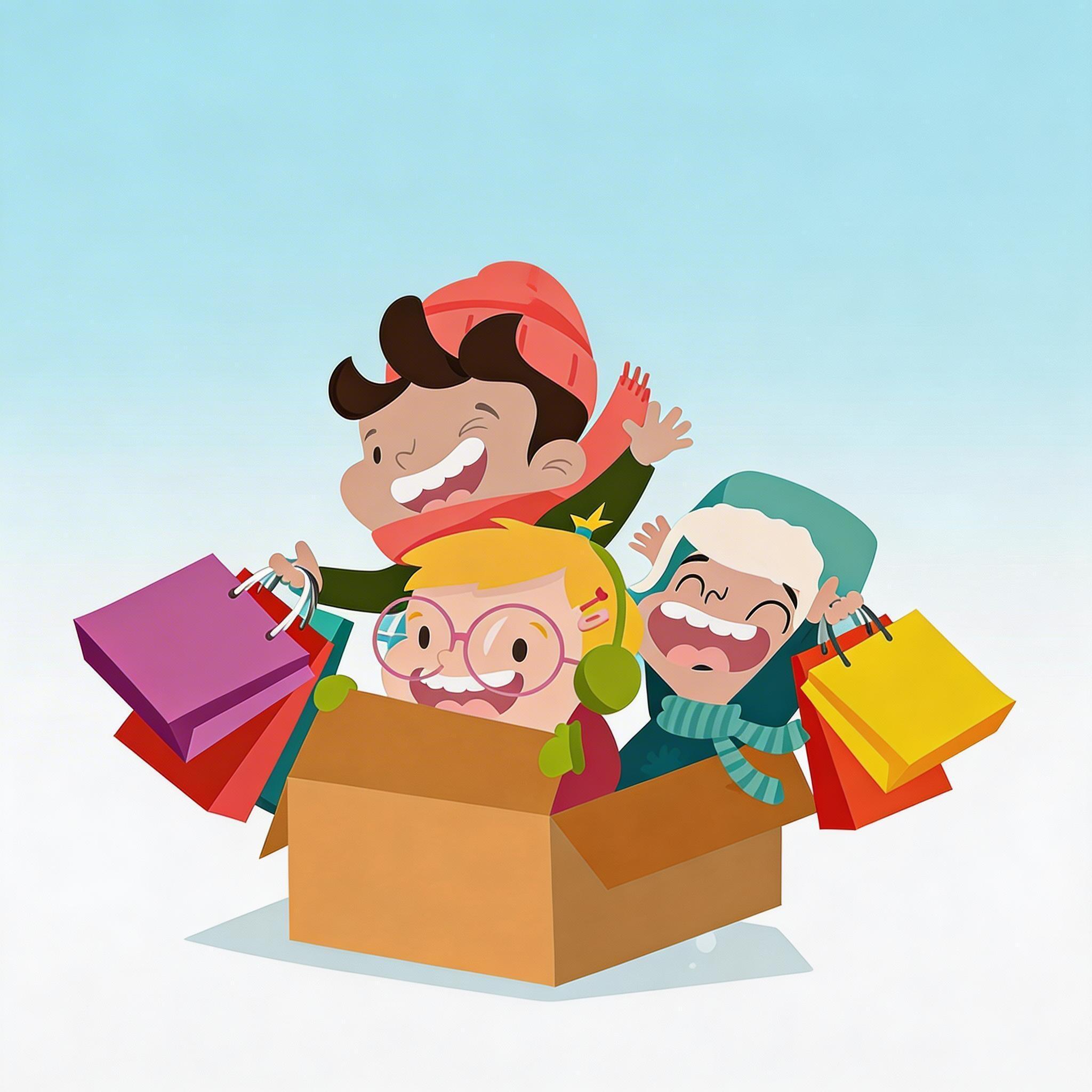 Vrolijke illustratie van kinderen met boodschappentassen